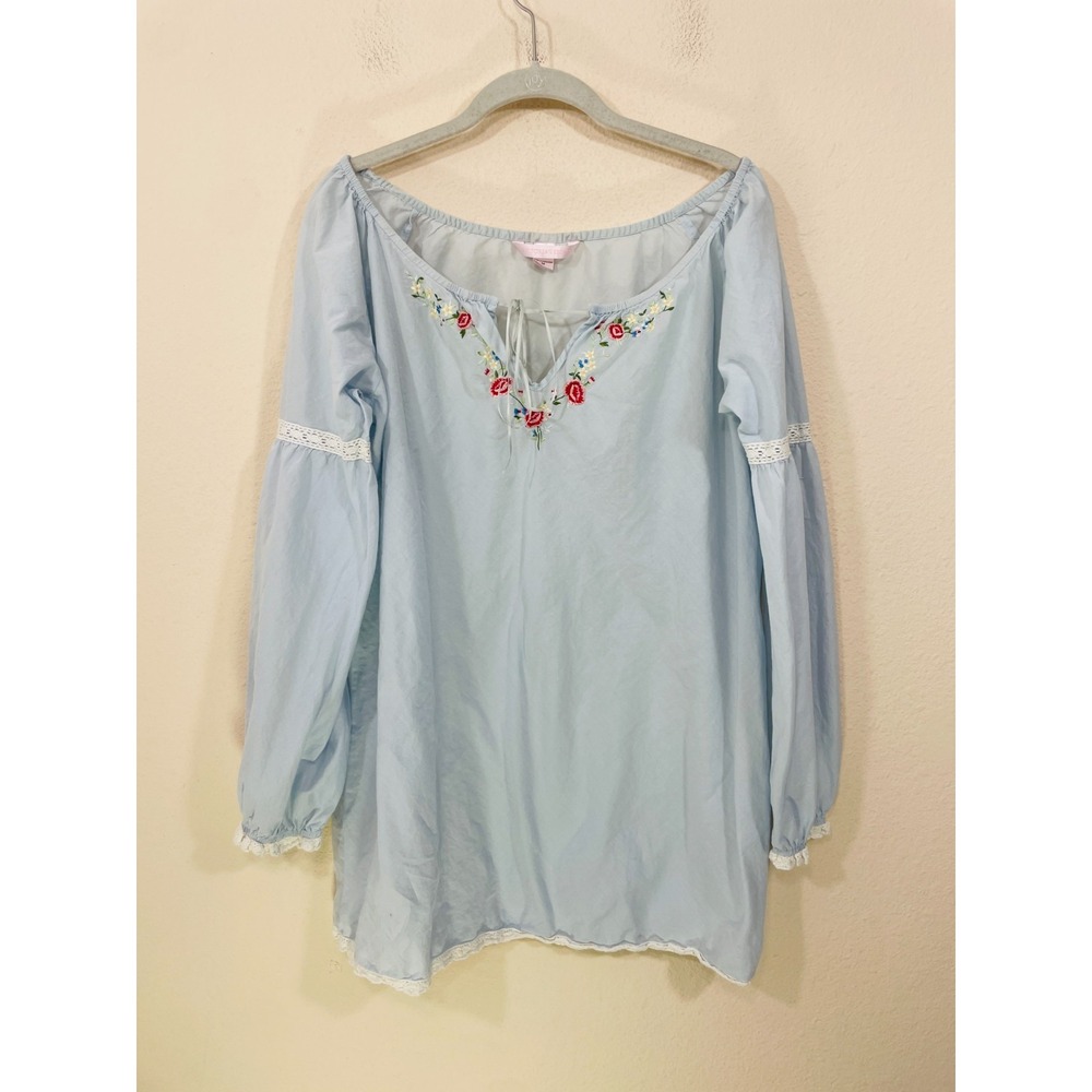 VTG Victoria's Secret Sz M Peasant Top Blue Flower Embroidered Lace Trim Cotton‎